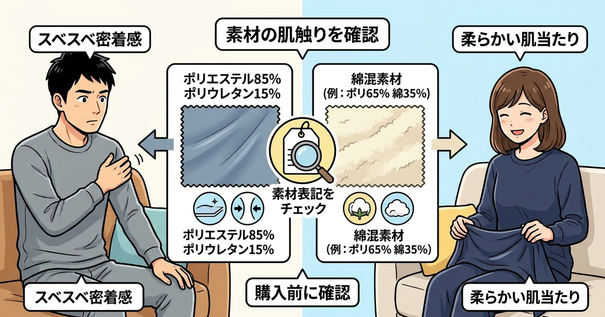 イオンのリカバリーウェアの素材「ポリエステル85%、ポリウレタン15%」が肌に合うかどうかを確認する